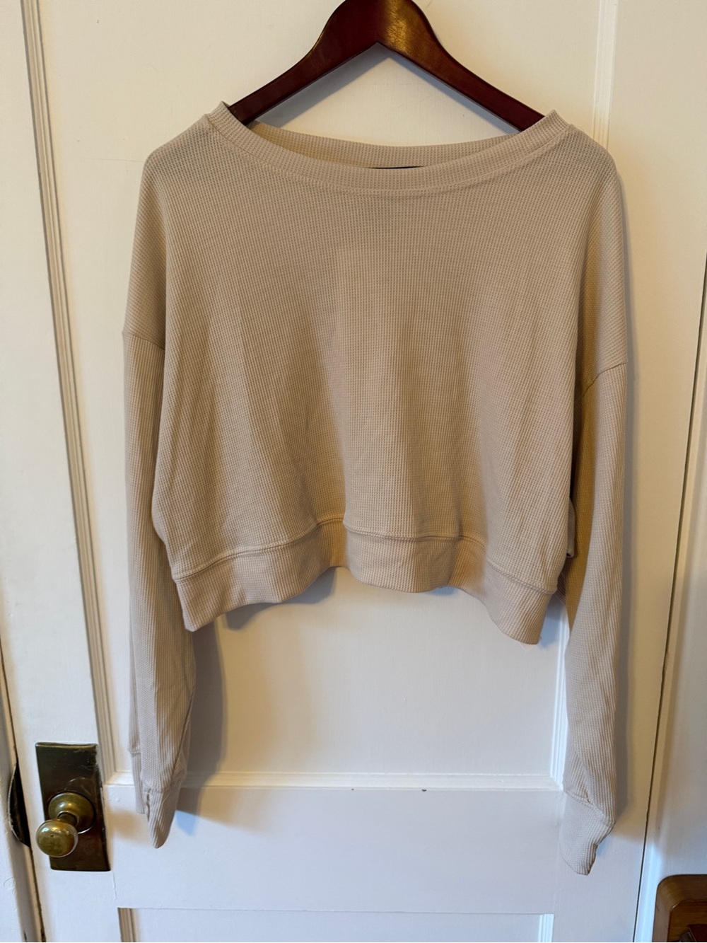 Ideology Beige Cream Cropped Waffle Long Sleeve Top NEW Casual Fall Layering M